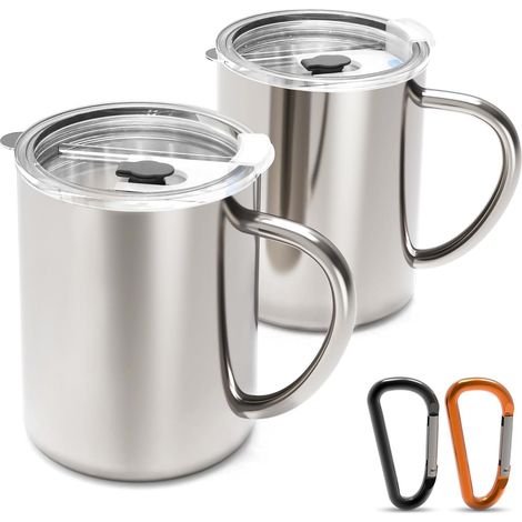 2pcs 400ml Coffee Insulated Mugs, Stainless Steel Insulated Tumbler with Lid, Portable Leakproof Thermos Cups with 2 Carabiners for Camping, Hiking, Travel, Picnics etc (1/5)