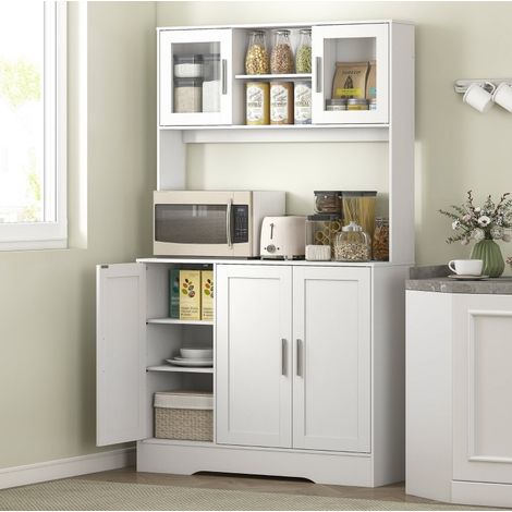 Meuble de cuisine haut blanc 108 x 35 x 180 cm, portes vitrées, étagères réglables HAVRYA (1/5)