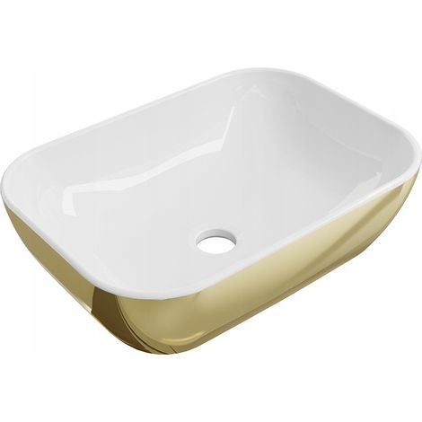 Vasque à poser rectangulaire Silla, lavabo salle de bain en céramique 45,5x32,5x13,5 cm, design moderne, installation facile, Blanc/Or
