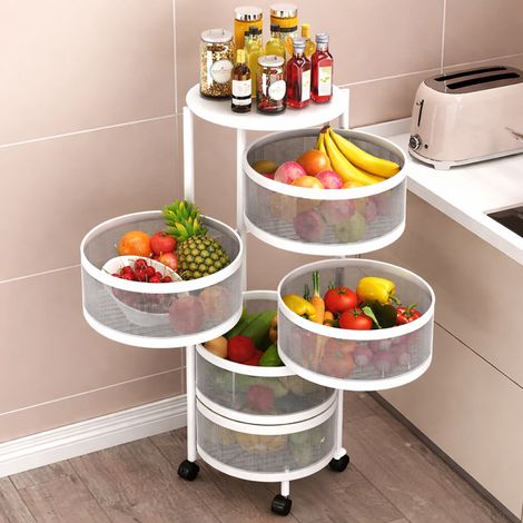 Resserre 5 paniers rotatifs sur roues en acier blanc  H 90 cm x D 30 cm  Etagère de rangement cuisine, salle de bain - Livraison gratuite