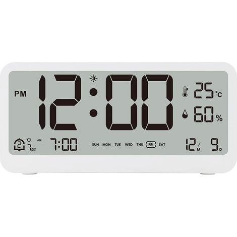 Batteriebetriebener digitaler Wecker, LCD-Digitaluhr mit Datums-/Temperatur-/Luftfeuchtigkeitsanzeige, Morgenwecker mit Dual-Alarm
