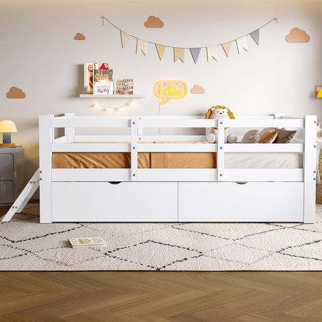 Lit plateforme 90 x 200 cm, avec barrières de sécurité et deux tiroirs, en bois, blanc (1/5)
