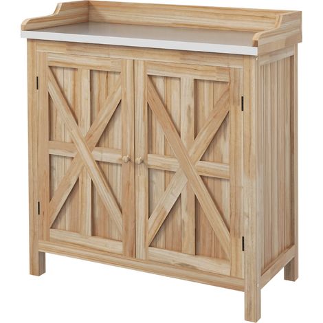Table d'appoint pour armoire avec 2 plateaux, plateau galvanisé avec patins anti-rayures et sapin en bois