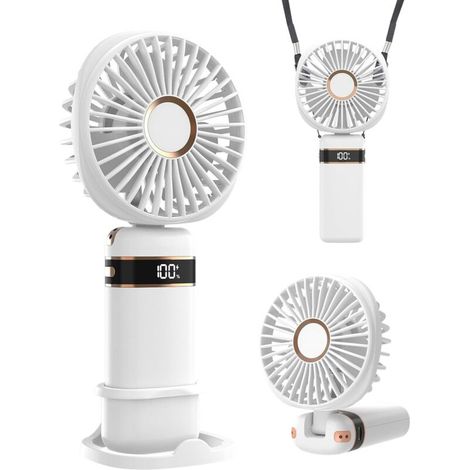Ventilateur portable avec base, 5 vitesses réglables, rechargeable par USB, alimenté par batterie, pour femmes, filles (blanc)