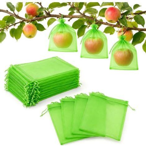 50 Stück Obstschutzbeutel, grüne Organzabeutel 15 x 20 cm, Traubenbeutel, Obstnetze mit Kordelzug zum Schutz vor Wespen, Vögeln und anderen Insekten (1/5)