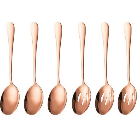Un ensemble de couverts en acier inoxydable 6 pièces, comprenant 3 grandes cuillères et 3 cuillères à égoutter, idéal pour les buffets et les banquets, en or rose.