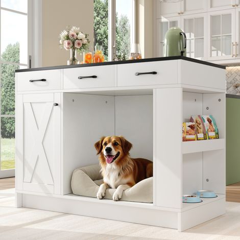 Îlot de cuisine, meuble à 3 tiroirs, 1 étagère à épices, étagère réglable, double étagère (sans gamelle pour chien), grand espace de rangement pour animaux (sans coussin pour chien), 120 x 60 x 90 cm, (1/4)