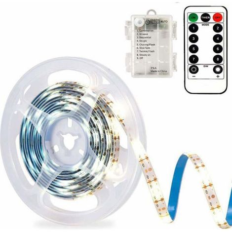 Bande Lumineuse LED - 3 M - Étanche IP65 - Alimentation Piles AA - Télécommande - 8 Modes - Blanc Froid - 90 LED SMD - 1 Pièce