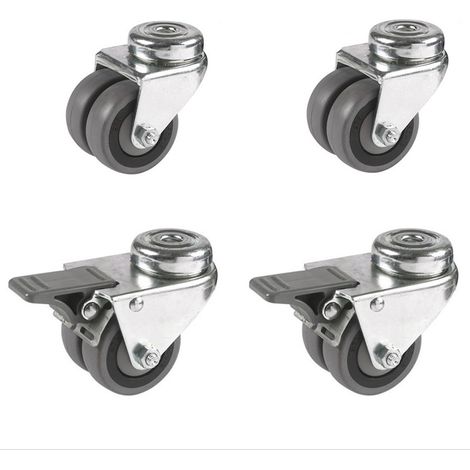 Lot de 4 roulettes OEIL JUMELÉE pivotantes et freins caoutchouc GRIS 50 mm - 180 Kg