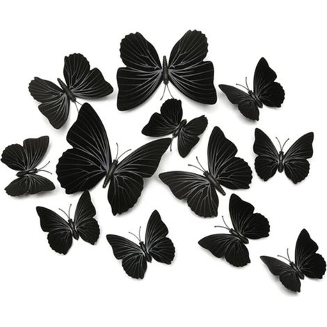 Set mit 12 Schmetterlingsaufklebern, 3D-Schmetterlings-Wandaufkleber, wasserfest und magnetisch, mit Klebeband für Kühlschrank und Schlafzimmerdekoration (Schwarz)