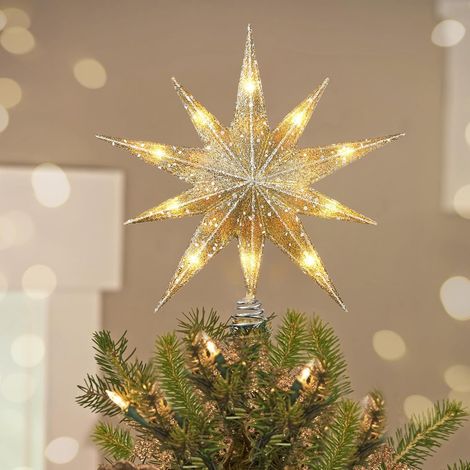 Étoile de Sapin de Noël Lumineuse, Topper Étoile avec Branchement USB et Télécommande, Décoration en Métal LED de 9,8", Ornement Vintage Moderne pour Sapin de Noël, Champagne Gold (1/5)