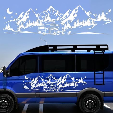 Autocollant Voiture, Stickers Camping Car Exterieur, Autocollant Camping Car, Stickers Voiture, Montagnes Autocollants pour Camping-car, Camionnette, Caravane, 100 x 28 cm, Blanc (1/5)