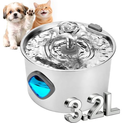 Fontaine à eau pour chat, 3,2 l, en acier inoxydable, avec fenêtre de niveau d'eau, silencieuse, fontaine à eau automatique pour chats et petits chiens, 2 filtres et 2 éponges (1/5)