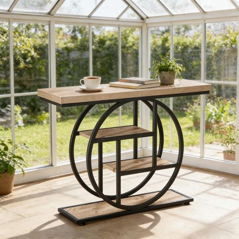 Table console ronde en métal, 4 étagères stables, meuble d'entrée à pied central, table basse de salon à thé