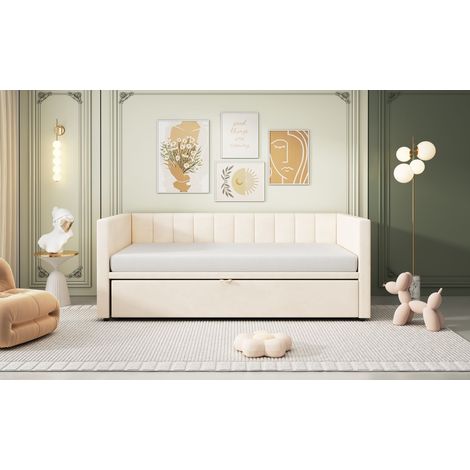 Canapé-lit rembourré extensible 90/180200 cm avec sommiers à lattes, lit multifonctionnel en velours doux pour la peau, beige (1/5)