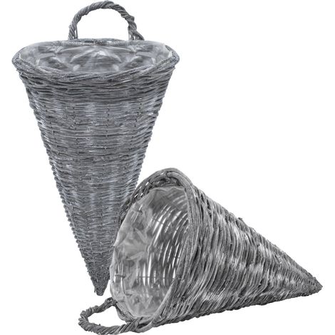 Wand Blumenampel 41 x 24 cm shabby grau - 2er Set - Rattan Hänge Pflanzkorb für Innen und Außen - Natur Garten Deko Weidekorb Kegel Blumentopf Pyramide mit Folie zum Hängen