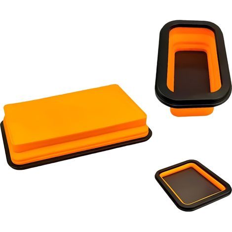 Collapsible silicone storage container, adjustable height, metal-adhesive suction plate, multi-functional tray with single-sided absorption, orange/black, for tools and small parts (1/5)