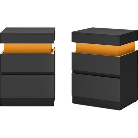 Table de Chevet Moderne avec LED, Lot de 2, Table d’Appoint, 2 Tiroirs, Multiprise Intégrée, 35 x 40 x 55 cm, Noir (1/5)
