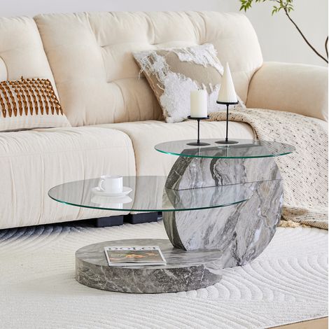 Couchtisch 2 Ebenen Sicherheitsglas Marmoroptik Grau OKMYHOME (1/5)