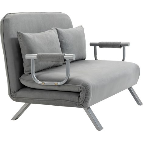 HOMCOM Divano Letto 2 Posti con Schienale Regolabile in 5 Livelli, Divano Letto Matrimoniale Pieghevole con 2 Cuscini per Soggiorno, in Finta Pelle Scamosciata e Acciaio, 111x80x78 cm, Grigio Chiaro (1/5)