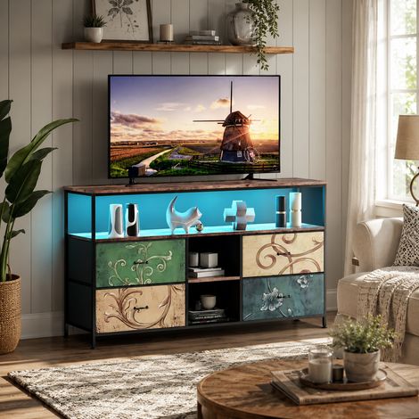 Meuble TV 108×30×77cm,étagères ouvertes,grande capacité,armoire TV pour salon,4 tiroirs de rangement,banc TV multifonctionnel,lumières LED,pieds réglables,style rétro,cadre en métal,Multicolore (1/5)