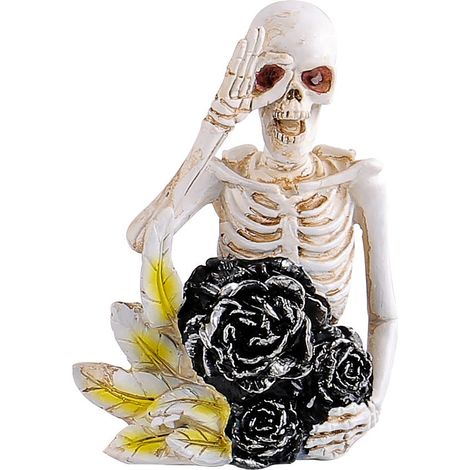 Figurine de crâne de dessin animé (tenant des roses) pour Halloween, décoration de maison hantée/escape game