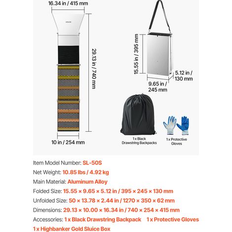 VEVOR High Banker Gold Sluice, 50" 2-in-1 Folding Highbanker Sluice Box, Aluminum Alloy, Portable Mining Equipment with Drawstring Backpack and Gloves, for Gold Prospecting in Creek, High Bank, River (1/4)
