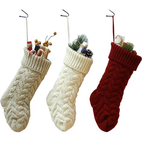 Chaussettes de Noël en maille torsadée au crochet, lot de 3 (15 chaussettes à suspendre pour décorations de Noël)