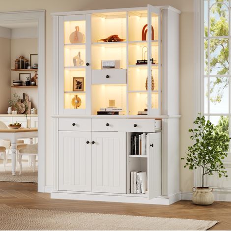 Vitrine LED en MDF blanc avec 4 tiroirs, 5 portes et 21 compartiments, 119,5 x 40 x 180 cm (1/5)
