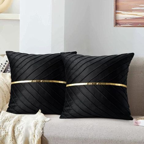 Grauer Samtkissenbezug, goldener quadratischer Kissenbezug, dekoratives Wohnzimmerkissen (45 x 45 cm), weich, luxuriös, verdeckter Reißverschluss, für Stuhl, Bett, Schlafzimmer, 2er-Set – Schwarz