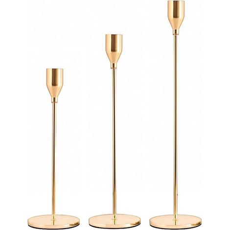 KLVGTIFS PU - Bougeoirs, ensemble de 3 chandeliers hauts en métal doré pour bougies coniques, pour fêtes, mariages, dîners, salon (1/4)