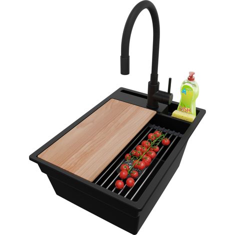 PRIMAGRAN Evier Cuisine en Granit 38x53cm, Lavabo 1 bac + Robinet 40x38cm + Kit de Vidage + Accessoires, Évier à Encastrer au meuble 40cm - Oslo Pocket, Noir (1/5)