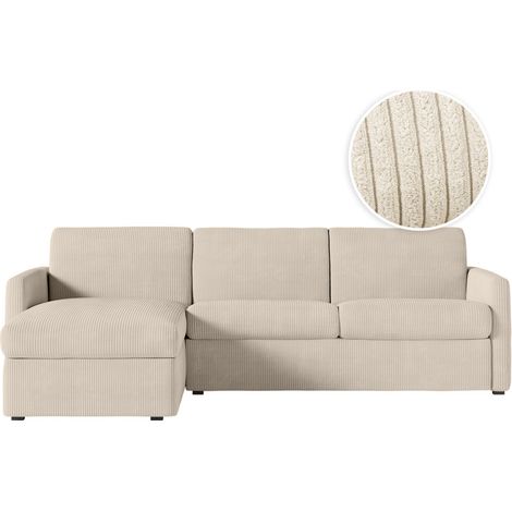Canapé d'angle convertible express 4 places AGATHE 140x190cm en velours côtelé beige - Matelas 13cm (1/5)