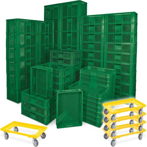 BRB 78 Stück Stapelkörbe/Bäckerkästen in 5 Größen, Grundmaß LxB 600x400 mm, H 90 mm, 150 mm, 240 mm, 320 mm, 410 mm, + 5x Transportroller gelb (grün)