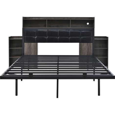 CHICFURN Lit double 140x190 cm avec LED, tête de lit avec 2 chevets escamotables, charge USB-C et USB, structure métal, gris, design flottant moderne (1/5)