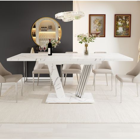 MEUBLIV Mesa de comedor extensible 120-160x80x76 cm blanca con diseño marmoleado (1/5)