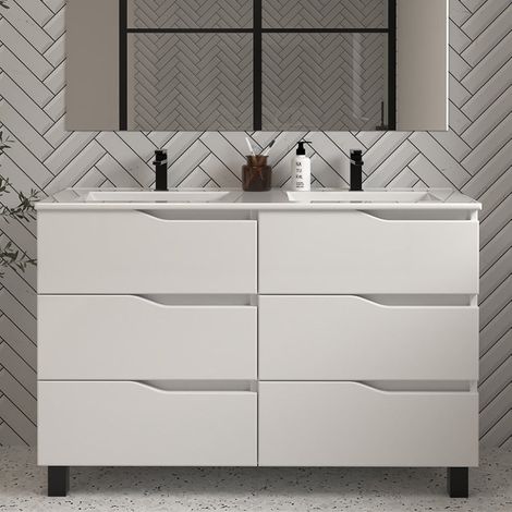 Meuble de salle de bain 120cm double vasque - sans miroir - 6 tiroirs - blanc - MATA (1/4)