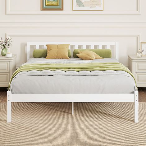 Cadre de lit en bois massif 140x190 cm lit simple avec tête de lit et sommier à lattes solide pour enfants adultes