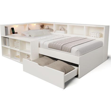 CHICFURN Lit simple 90x200 cm en bois blanc avec rangement, lampe de lecture, sans matelas (1/5)