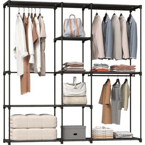 Armoire de rangement, penderie en tissu avec barre de suspension et étagères, 182 x 43 x 185 cm, noir