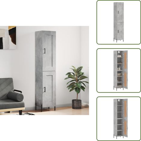 The Living Store Buffet haut Gris béton 34,5x34x180 cm Bois d'ingénierie - Buffet Design Moderne - Meuble Rangement Gris - Armoire Cuisine - Buffet Haut - Commode