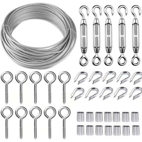 Kit de câble métallique en acier inoxydable de 30 m/2 mm avec tendeur de fil robuste M5, kit de rouleau de fil de clôture, kit de garde-corps de câble, tendeurs de fil de jardin pour plantes grimpante (1/5)
