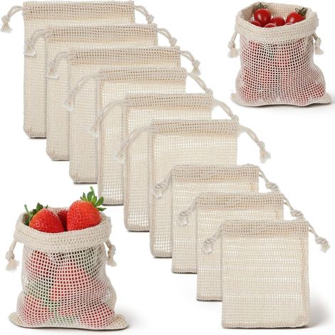 Lot de 9 sacs réutilisables en coton pour légumes, pommes de terre, sacs de rangement réutilisables, double couture avec cordon de serrage, pour légumes, fruits, courses (3 m/l) (1/5)