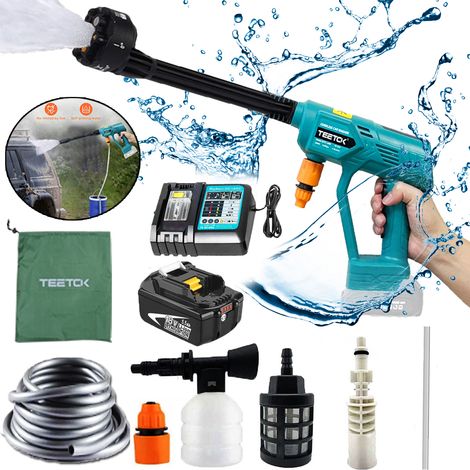 Elektrische Hochdruckreiniger, 6-in-1-Düse, kabelloser Auto-Hochdruckreiniger, Wasserstrahlreiniger, Gartensprühwasserpistole, mit 5,5-A-Akku + Ladegerät DC18RC,Kompatibel mit Makita-Akku, sechs Zubeh