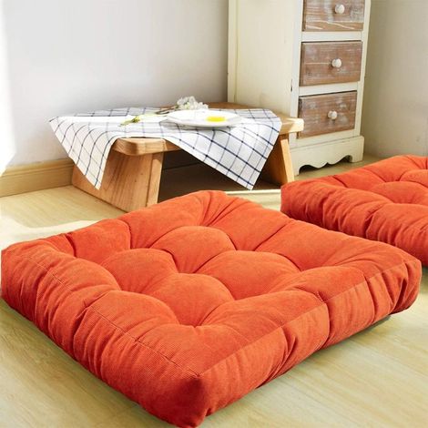 Coussin de sol, coussin de siège carré touffeté épais en velours côtelé Coussin de méditation Tatami Coussin de sol pour yoga salon balcon extérieur bureau, orange, 22x22 pouces (1/5)