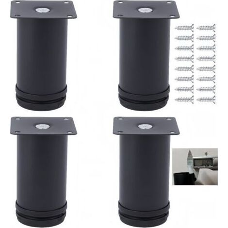 Lot de 4 pieds de meubles réglables en acier inoxydable, 50 mm x 60 mm, pieds de meubles de salle de bain, de bureau, de cuisine, hauteur réglable, vis en acier inoxydable (noir, 6 cm) (1/4)
