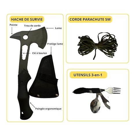 Survival Kit with Ax, Folding Knife, Dynamo Lamp, First Aid Kit, Shelter, Poncho, Fire Starter, Cable Saw for Outdoor, Hiking, Emergency, Bushcraft (1/4)