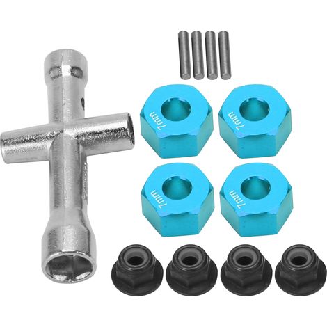 Adaptateur de moyeu hexagonal de roue 12 mm, écrous de blocage à bride M4 de 7 mm d'épaisseur, jeu de clés cruciformes pour voiture RC 1/10 (bleu)