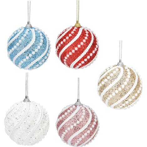 Set mit 5 bunten, dekorativen Weihnachtskugeln mit Glitzer und Perlen, 8 cm, für den Weihnachtsbaum und als Geschenk. (1/5)