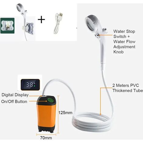 (Douche 4400 mAh B) Pommeau de douche portable rechargeable pour le camping, pompe 3,7 V, portée de 1,5 m, idéal pour les voyages, la randonnée, la plage et le nettoyage des animaux domestiques. (1/4)